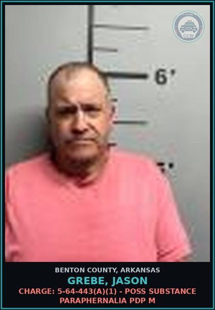 CCW arrest card for Grebe, Jason in Benton County: Charge: 5-64-443(a)(1) - POSS DRUG PARAPHERNALIA PDP M