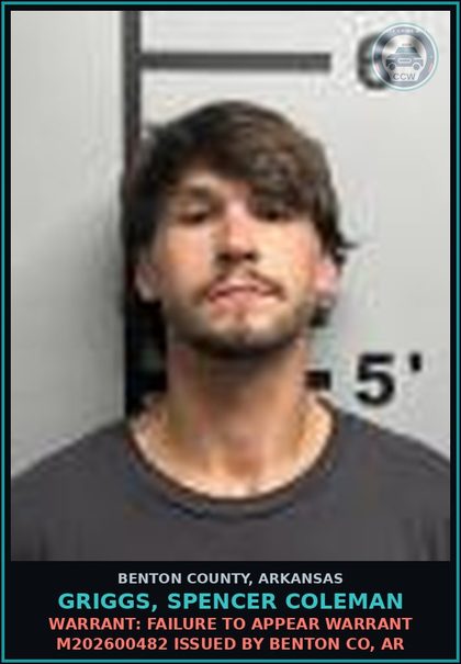 CCW arrest card for Griggs, Spencer Coleman in Benton County: Warrant: Failure to Appear warrant M202600482 issued by BENTON CO, AR