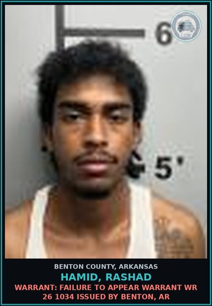 CCW arrest card for Hamid, Rashad in Benton County: Warrant: Failure to Appear warrant WR 26 1034 issued by Benton, AR