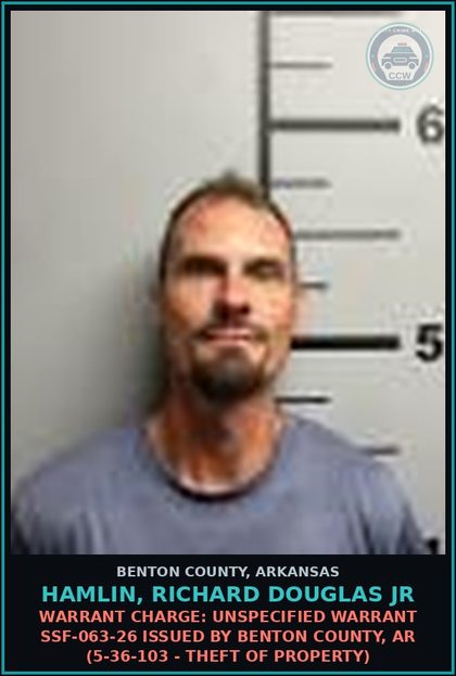CCW arrest card for Hamlin, Richard Douglas Jr in Benton County: Warrant Charge: Unspecified warrant SSF-063-26 issued by BENTON COUNTY, AR (5-36-103 - THEFT OF PROPERTY)