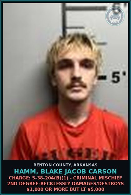 CCW arrest card for Hamm, Blake Jacob Carson in Benton County: Charge: 5-38-204(b)(1) - CRIMINAL MISCHIEF 2ND DEGREE-RECKLESSLY DAMAGES/DESTROYS $1,000 OR MORE BUT LT $5,000