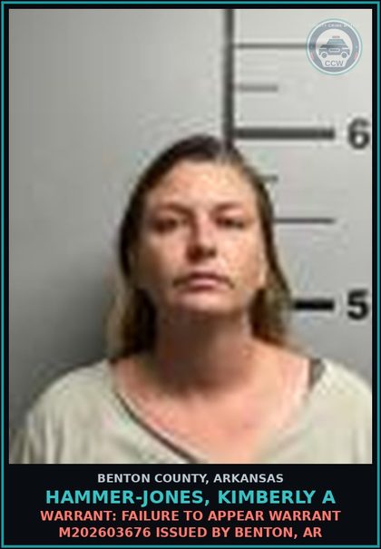 CCW arrest card for Hammer-Jones, Kimberly A in Benton County: Warrant: Failure to Appear warrant M202603676 issued by Benton, AR