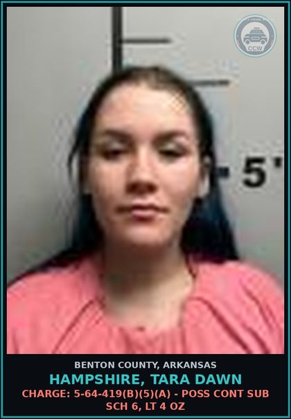 CCW arrest card for Hampshire, Tara Dawn in Benton County: Charge: 5-64-419(b)(5)(A) - POSS CONT SUB SCH 6, LT 4 OZ