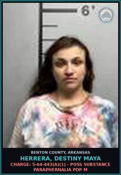 CCW arrest card for Herrera, Destiny Maya in Benton County: Charge: 5-64-443(a)(1) - POSS DRUG PARAPHERNALIA PDP M