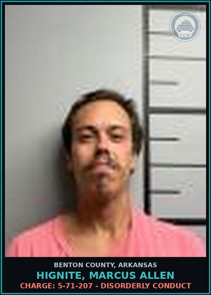 CCW arrest card for Hignite, Marcus Allen in Benton County: Charge: 5-13-301(a) - TERRORISTIC THREATENING - 1ST DEGREE / THREATENS PHYSICAL INJURY OR PROPERTY DAMAGE