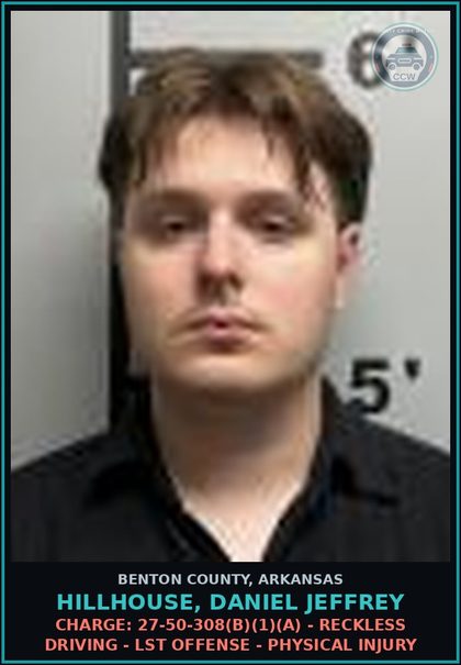 CCW arrest card for Hillhouse, Daniel Jeffrey in Benton County: Charge: 27-50-308(b)(1)(A) - RECKLESS DRIVING - LST OFFENSE - PHYSICAL INJURY