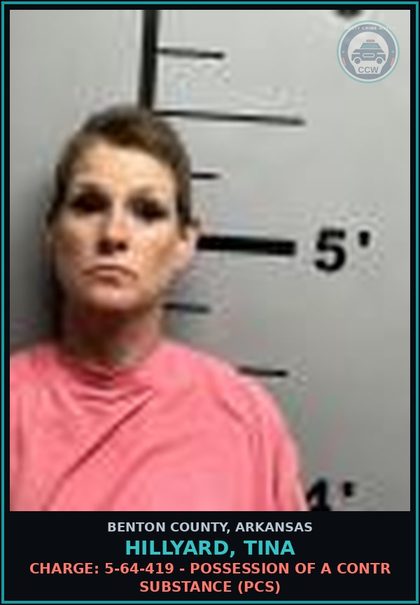 CCW arrest card for Hillyard, Tina in Benton County: Charge: 5-64-419 - Possession Of A contr substance (PCS)