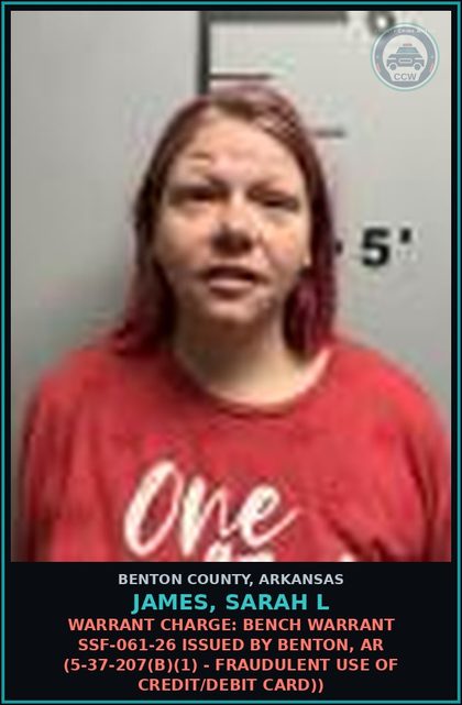CCW arrest card for James, Sarah L in Benton County: Charge: 5-54-103 - REFUSAL TO SUBMIT TO ARREST (Class B Misd)