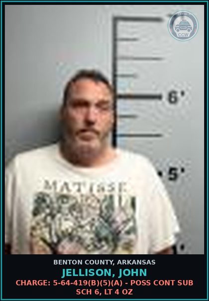 CCW arrest card for Jellison, John in Benton County: Charge: 5-64-419(b)(5)(A) - POSS CONT SUB SCH 6, LT 4 OZ