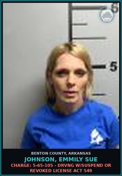 CCW arrest card for Johnson, Emmily Sue in Benton County: Charge: 5-65-105 - DRVNG W/SUSPEND OR REVOKED LICENSE ACT 549