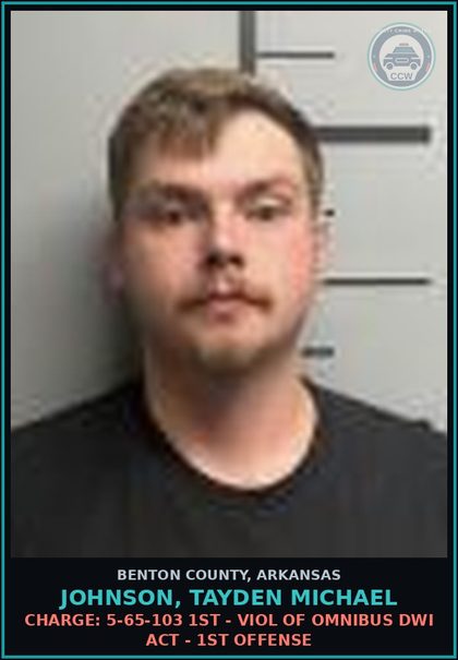 CCW arrest card for Johnson, Tayden Michael in Benton County: Charge: 5-71-218 - Possession of open container containing alcohol in a motor vehicle