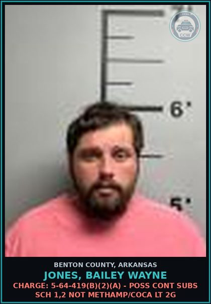 CCW arrest card for Jones, Bailey Wayne in Benton County: Charge: 5-64-419(b)(2)(A) - POSS CONT SUBS SCH 1,2 NOT METH/COCA LT 2G