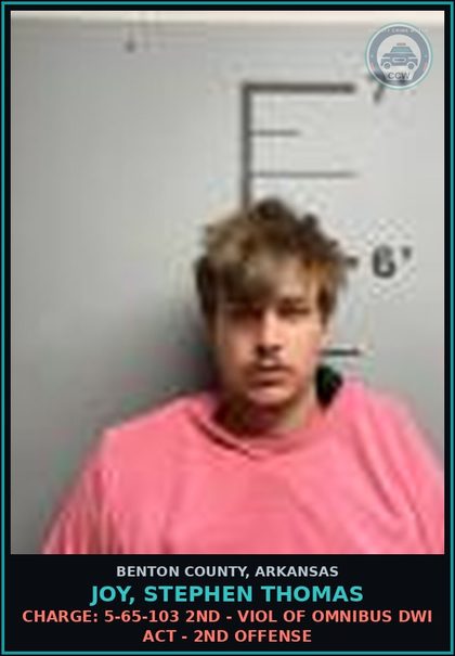 CCW arrest card for Joy, Stephen Thomas in Benton County: Charge: 5-65-103 2ND - VIOL OF OMNIBUS DWI ACT - 2ND OFFENSE