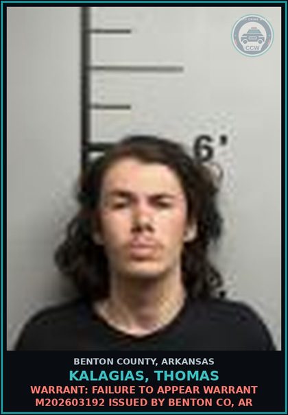 CCW arrest card for Kalagias, Thomas in Benton County: Warrant: Failure to Appear warrant M202603192 issued by BENTON CO, AR