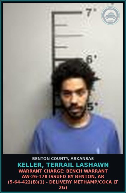 CCW arrest card for Keller, Terrail Lashawn in Benton County: Warrant Charge: Bench warrant AW-26-178 issued by Benton, AR (5-64-422(b)(1) - DELIVERY METH/COCA LT 2g)