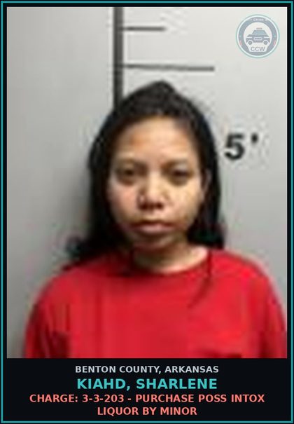 CCW arrest card for Kiahd, Sharlene in Benton County: Charge: 5-71-212(b) - PUBLIC INTOXICATION