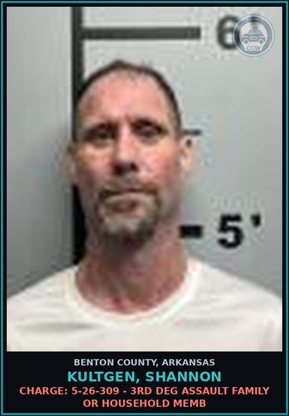 CCW arrest card for Kultgen, Shannon in Benton County: Charge: 5-26-309 - 3RD DEG ASSAULT FAMILY OR HOUSEHOLD MEMB