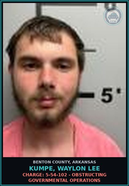 CCW arrest card for Kumpe, Waylon Lee in Benton County: Warrant: Revoke warrant WHITE WARRANT issued by Benton, AR