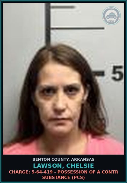CCW arrest card for Lawson, Chelsie in Benton County: Charge: 5-64-443(a)(2) - POSSESS DRUG PARAPHERNALIA METH COCAINE PDP F