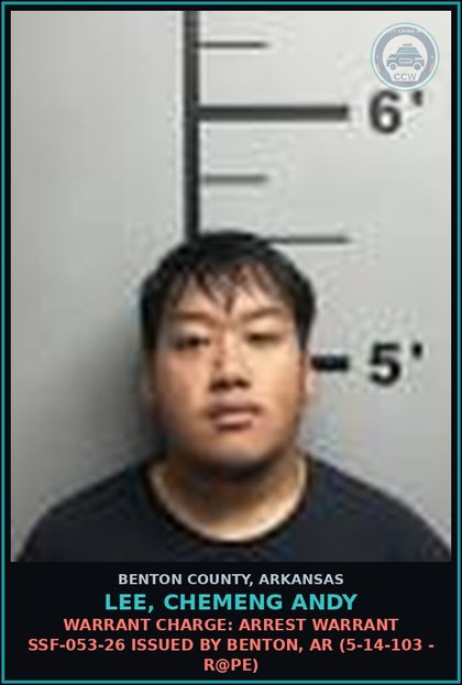 CCW arrest card for Lee, Chemeng Andy in Benton County: Warrant Charge: Arrest warrant SSF-053-26 issued by Benton, AR (5-14-103 - r@pe)