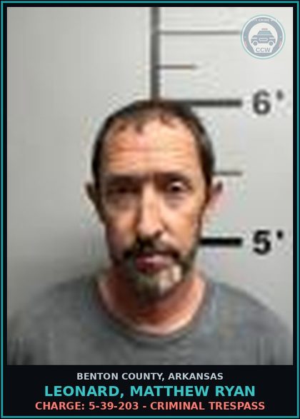 CCW arrest card for Leonard, Matthew Ryan in Benton County: Charge: 5-71-212(b) - PUBLIC INTOXICATION