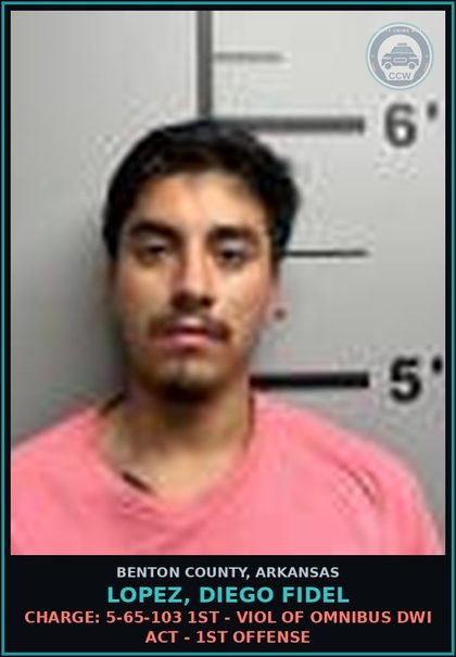 CCW arrest card for Lopez, Diego Fidel in Benton County: Charge: 5-65-103 1ST - VIOL OF OMNIBUS DWI ACT - 1ST OFFENSE