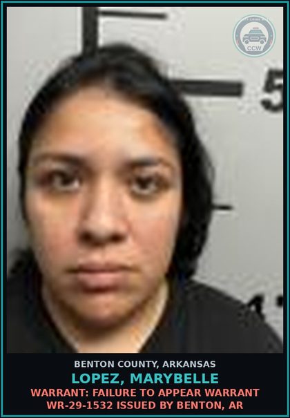 CCW arrest card for Lopez, Marybelle in Benton County: Warrant: Failure to Appear warrant WR-29-1532 issued by Benton, AR
