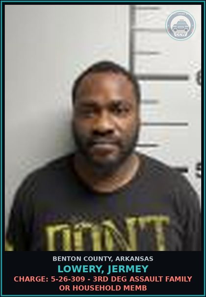CCW arrest card for Lowery, Jermey in Benton County: Charge: 5-26-309 - 3RD DEG ASSAULT FAMILY OR HOUSEHOLD MEMB