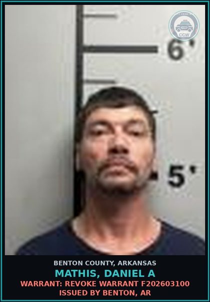 CCW arrest card for Mathis, Daniel A in Benton County: Warrant: Revoke warrant F202603100 issued by Benton, AR