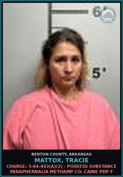 CCW arrest card for Mattox, Tracie in Benton County: Charge: 5-64-443(a)(2) - POSSESS DRUG PARAPHERNALIA METH COCAINE PDP F