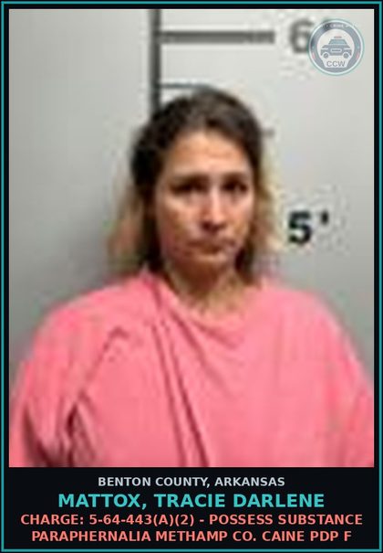 CCW arrest card for Mattox, Tracie Darlene in Benton County: Charge: 5-64-443(a)(2) - POSSESS DRUG PARAPHERNALIA METH COCAINE PDP F