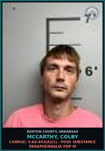 CCW arrest card for Mccarthy, Colby in Benton County: Charge: 5-64-443(a)(1) - POSS DRUG PARAPHERNALIA PDP M