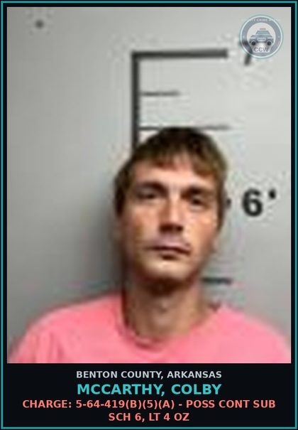CCW arrest card for Mccarthy, Colby in Benton County: Charge: 5-65-103 1ST DRUG - DRIVING UNDER INFLUENCE DRUGS