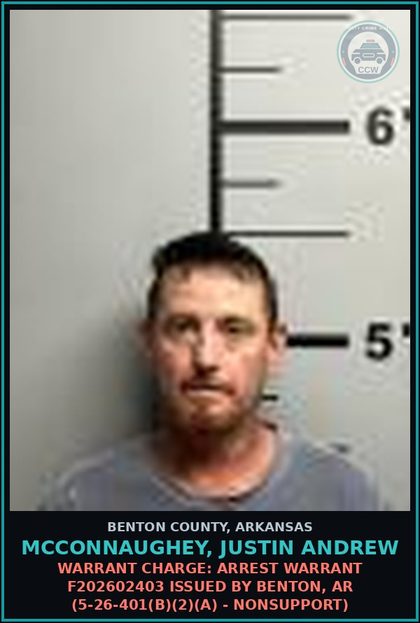 CCW arrest card for Mcconnaughey, Justin Andrew in Benton County: Warrant Charge: Arrest warrant F202602403 issued by Benton, AR (5-26-401(b)(2)(A) - NONSUPPORT)
