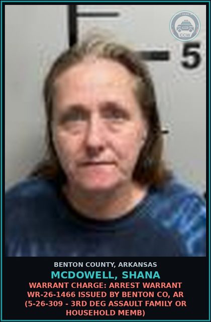 CCW arrest card for Mcdowell, Shana in Benton County: Warrant Charge: Arrest warrant WR-26-1466 issued by BENTON CO, AR (5-26-309 - 3RD DEG ASSAULT FAMILY OR HOUSEHOLD MEMB)