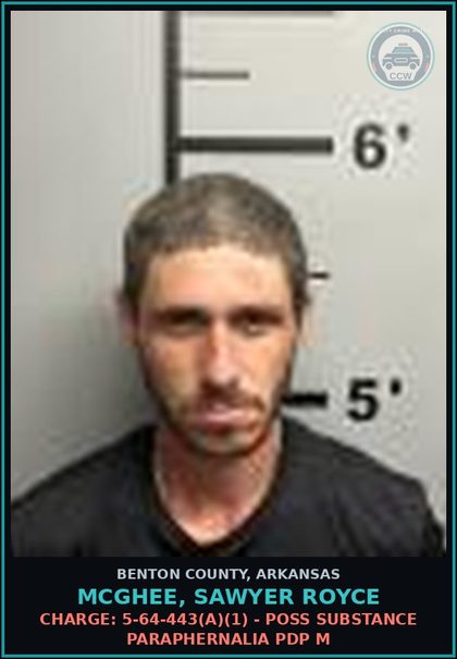 CCW arrest card for Mcghee, Sawyer Royce in Benton County: Warrant: Failure to Appear warrant M202603143 issued by BENTONCO, AR