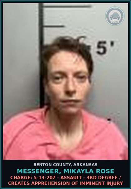 CCW arrest card for Messenger, Mikayla Rose in Benton County: Charge: 5-26-305(b)(1) - DOMESTIC BATTERING - 3RD DEG (Class A misdemeanor)