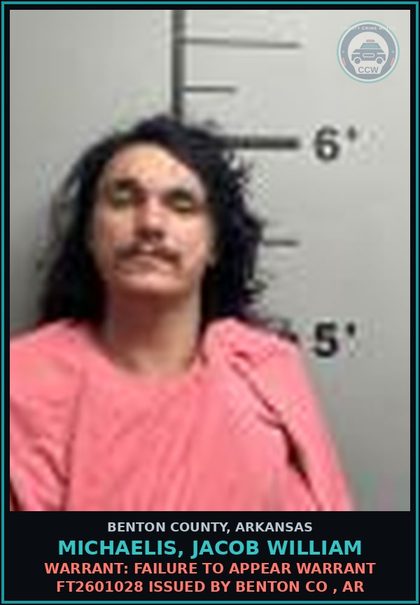 CCW arrest card for Michaelis, Jacob William in Benton County: Warrant: Failure to Appear warrant FT2601028 issued by BENTON CO , AR