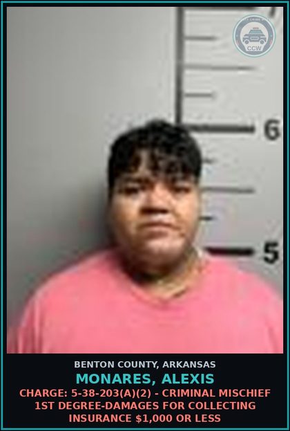 CCW arrest card for Monares, Alexis in Benton County: Charge: 5-38-203(a)(2) - CRIMINAL MISCHIEF 1ST DEGREE-DAMAGES FOR COLLECTING INSURANCE $1,000 OR LESS