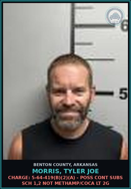 CCW arrest card for Morris, Tyler Joe in Benton County: Charge: 5-64-419(b)(2)(A) - POSS CONT SUBS SCH 1,2 NOT METH/COCA LT 2G