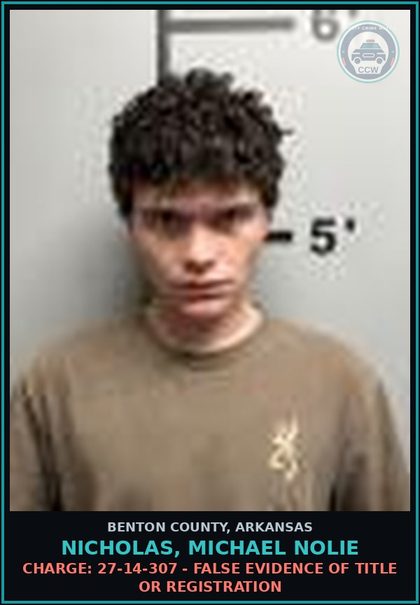 CCW arrest card for Nicholas, Michael Nolie in Benton County: Charge: 27-14-307 - FALSE EVIDENCE OF TITLE OR REGISTRATION