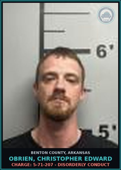 CCW arrest card for Obrien, Christopher Edward in Benton County: Warrant: Revoke warrant F202602931 issued by Benton, AR