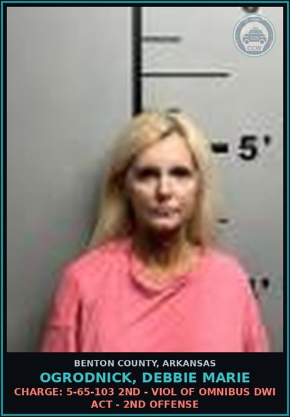 CCW arrest card for Ogrodnick, Debbie Marie in Benton County: Charge: 5-65-205 - REFUSAL TO SUBMIT TO CHEMICAL TEST