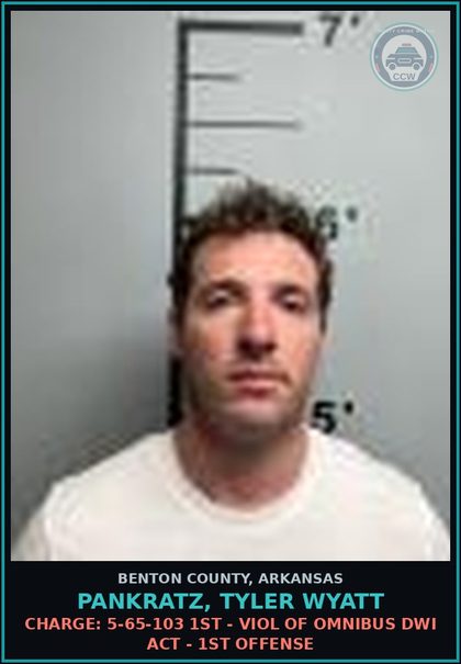 CCW arrest card for Pankratz, Tyler Wyatt in Benton County: Charge: 5-65-103 1ST - VIOL OF OMNIBUS DWI ACT - 1ST OFFENSE