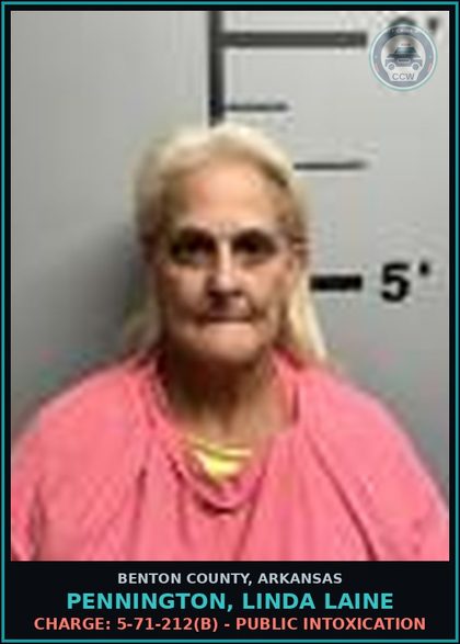 CCW arrest card for Pennington, Linda Laine in Benton County: Charge: 5-71-212(b) - PUBLIC INTOXICATION
