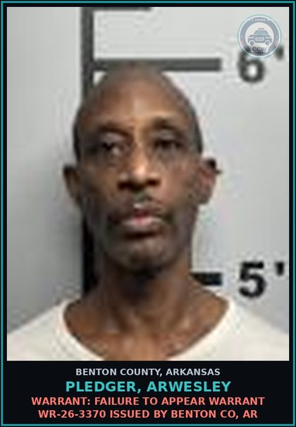 CCW arrest card for Pledger, Arwesley in Benton County: Warrant: Failure to Appear warrant WR-26-3370 issued by BENTON CO, AR