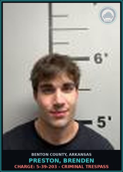 CCW arrest card for Preston, Brenden in Benton County: Charge: 5-39-203 - CRIMINAL TRESPASS