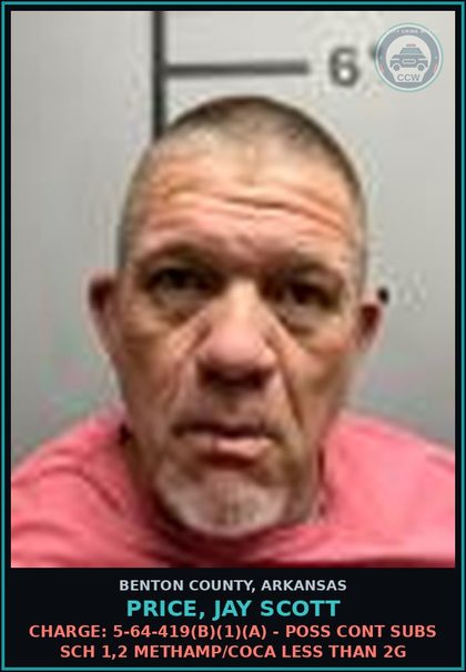 CCW arrest card for Price, Jay Scott in Benton County: Charge: 5-64-419(b)(1)(A) - POSS CONT SUBS SCH 1,2 METH/COCA LESS THAN 2G