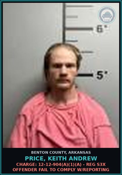 CCW arrest card for Price, Keith Andrew in Benton County: Charge: 12-12-904(a)(1)(A) - REG s3x OFFENDER FAIL TO COMPLY W/REPORTING