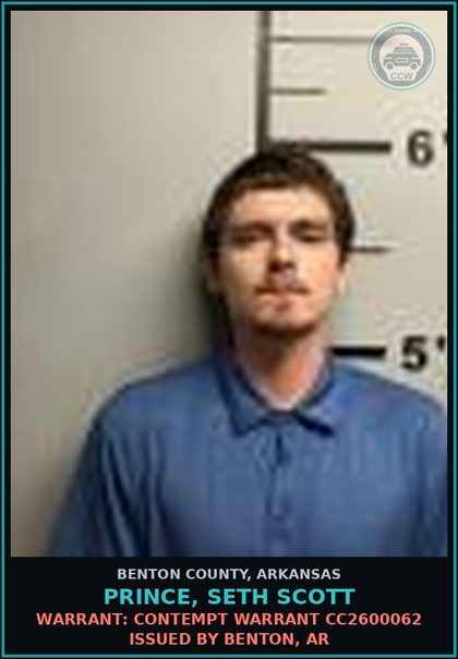 CCW arrest card for Prince, Seth Scott in Benton County: Warrant: Contempt warrant CC2600062 issued by Benton, AR
